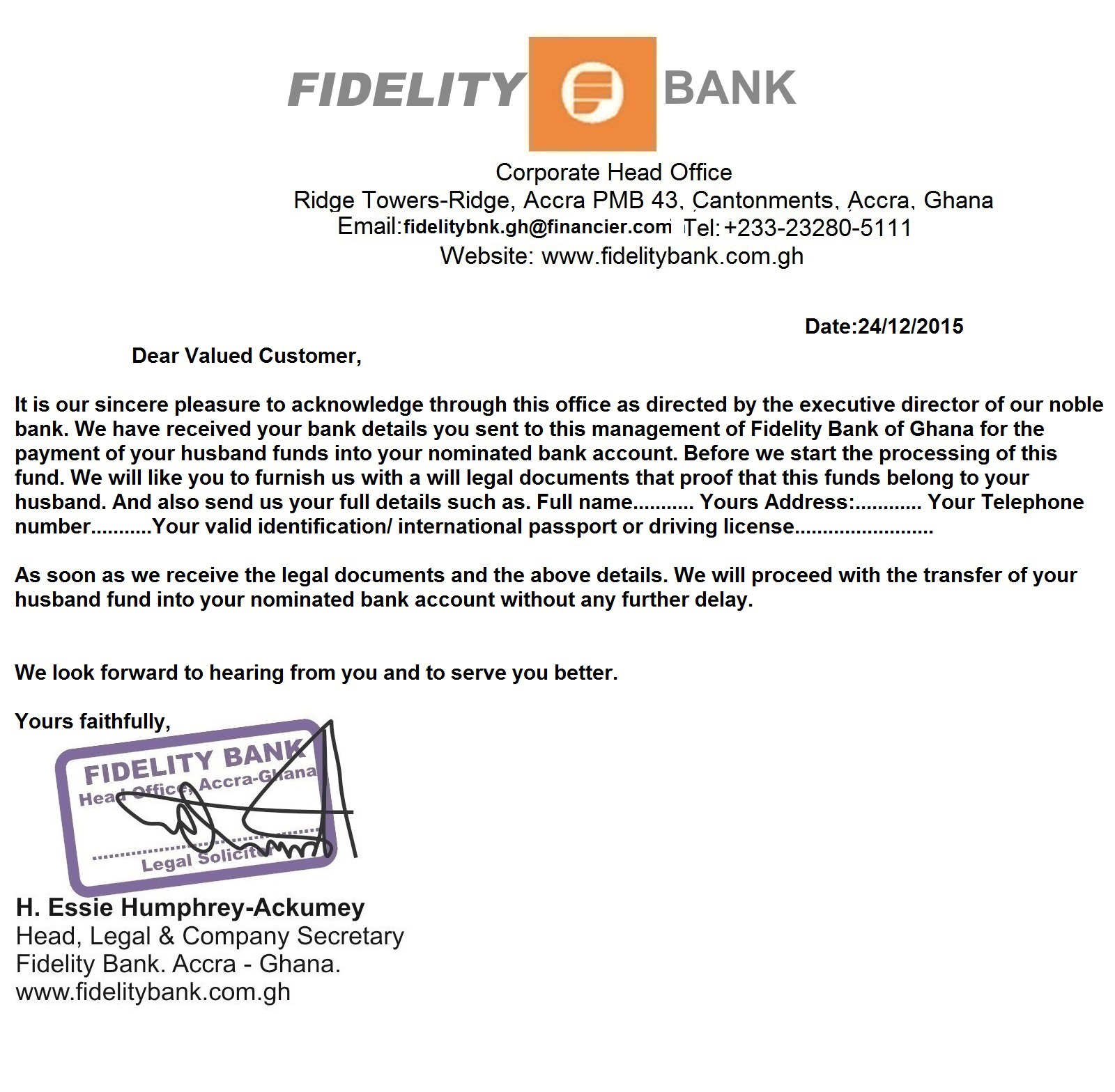 Thông báo giả của ngân hàng Fidelity Bank tại Ghana. Nhìn email đã thấy giả mạo